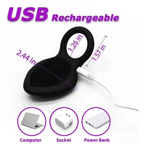 Imagen del producto Anillo Vibrador 10 Velocidades con Cepillo Clítoris para Pareja Recargable en color Negro